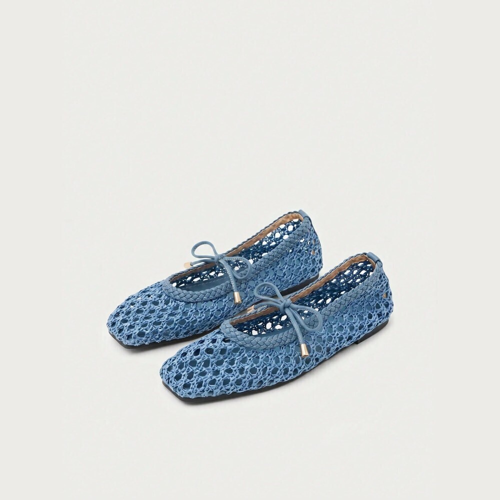 Blue Woven Round Toe Ballet Flats with Mary Jane  Bow Detail